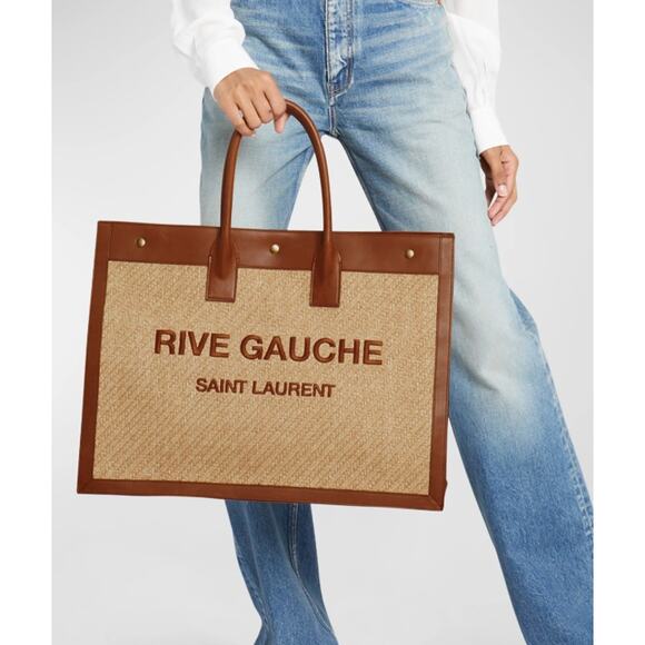 NEW SAINT LAURENT YSL RAFFIA BROWN LEATHER RIVE GAUCHE LARGE TOTE BAG AUTHENTIC! - Picture 1 of 16
